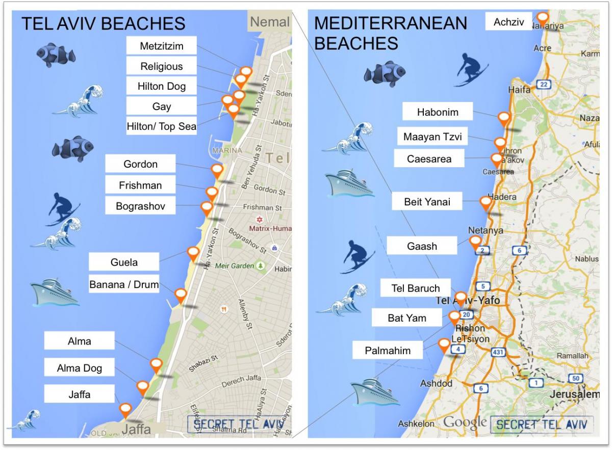 карта пляжы Тэль-Авіва